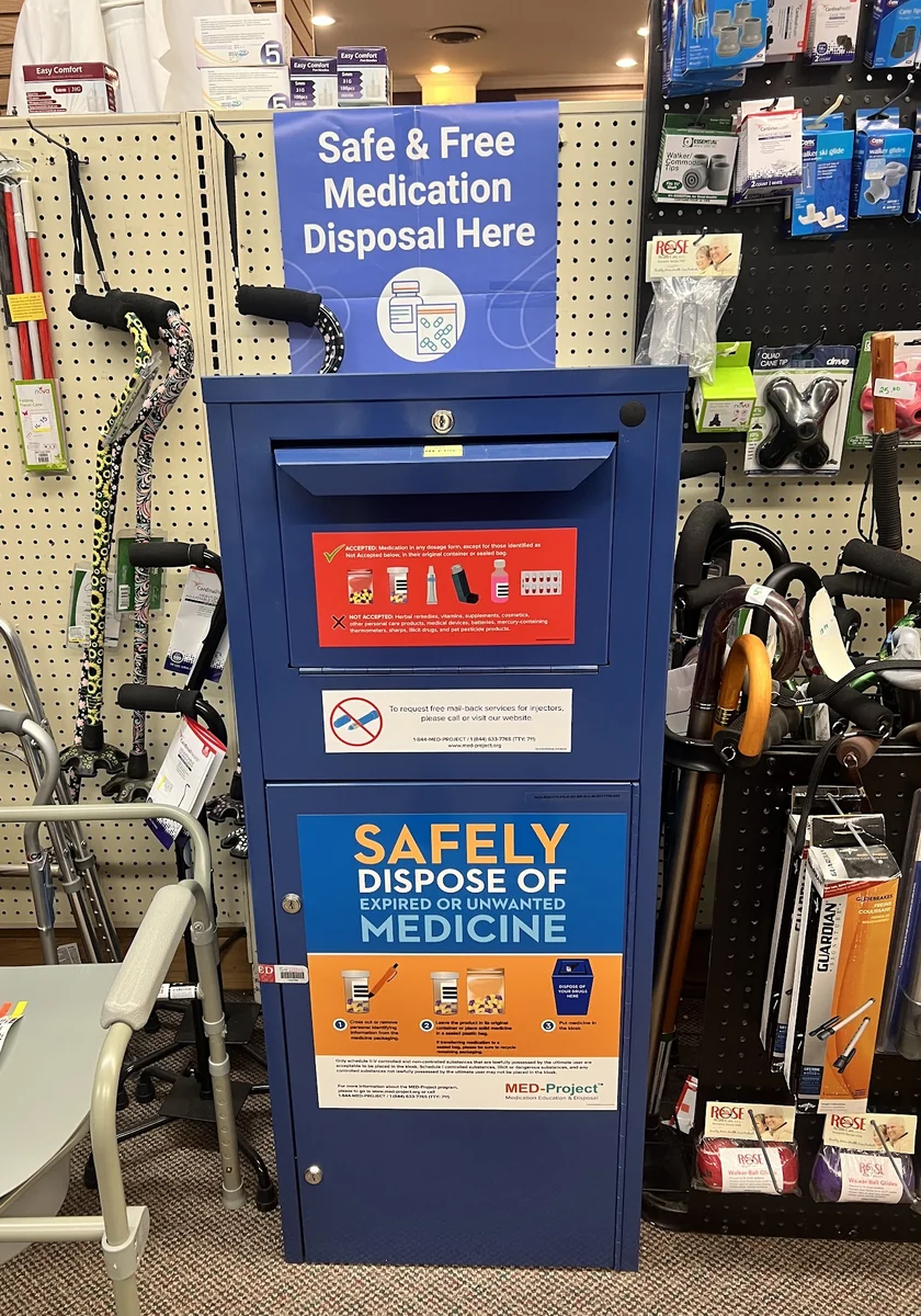 The medication-disposal kiosk inside Dobbins Drugs.