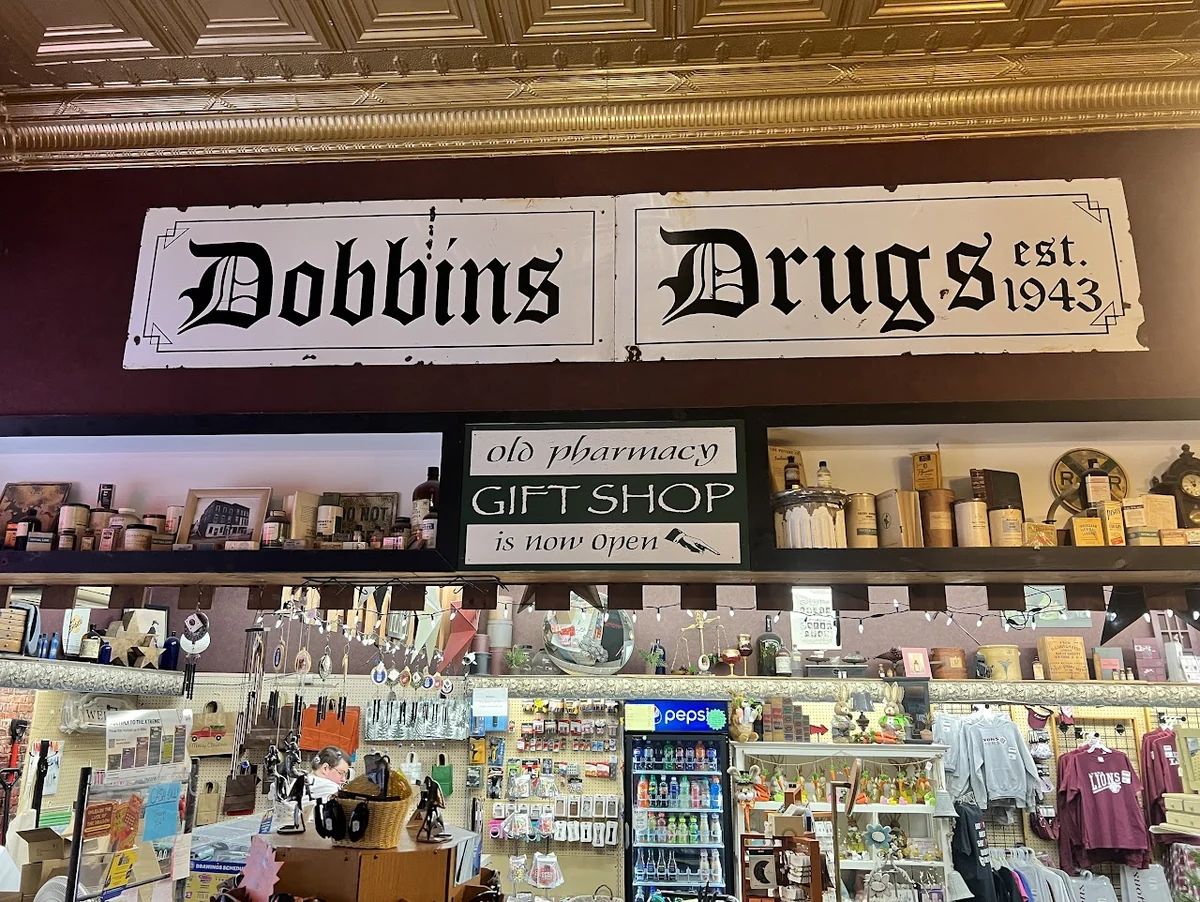The original pharmacy fixtures in use in the Gift Shoppe today