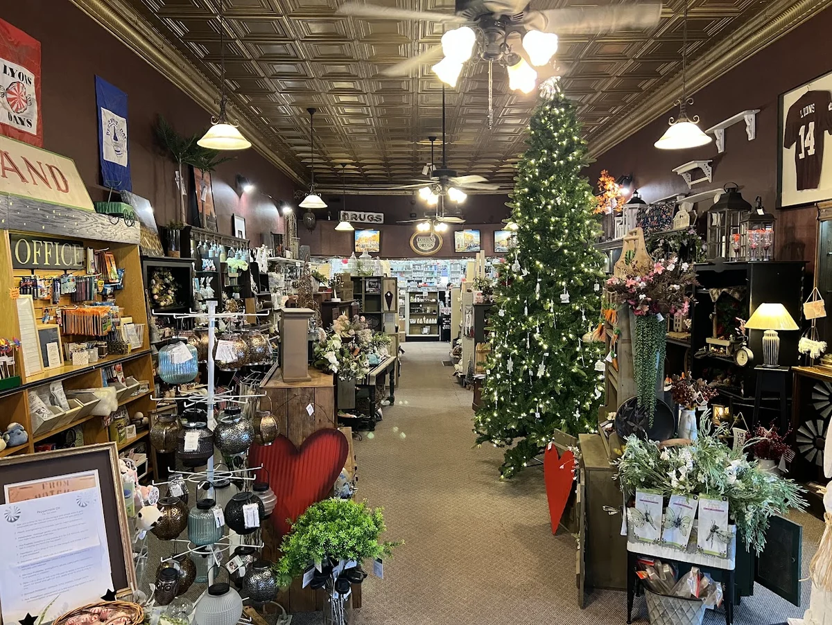 Inside the Old Pharmacy Gift Shoppe, with original shelving and seasonal displays